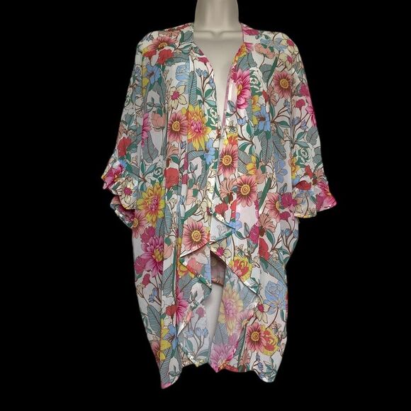 Umgee Floral Ruffle Sleeve Open Front Kimono Cardi Cover Up Top Sz S - Picture 9 of 10
